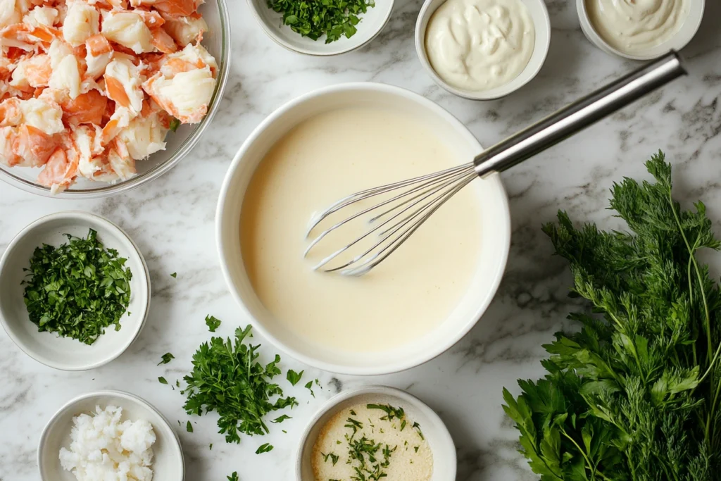 Ingredients for Crab Brûlée Recipe, including fresh crab meat and creamy custard being whisked on a kitchen counter.