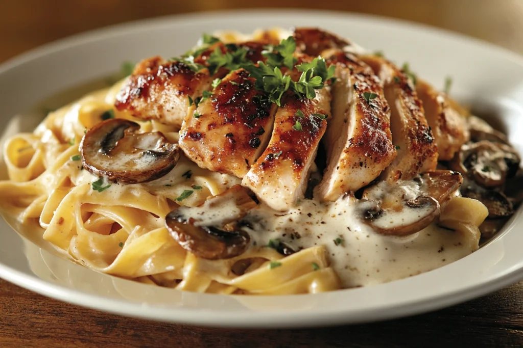 Chicken Marsala Fettuccine with creamy sauce, mushrooms, and sliced chicken