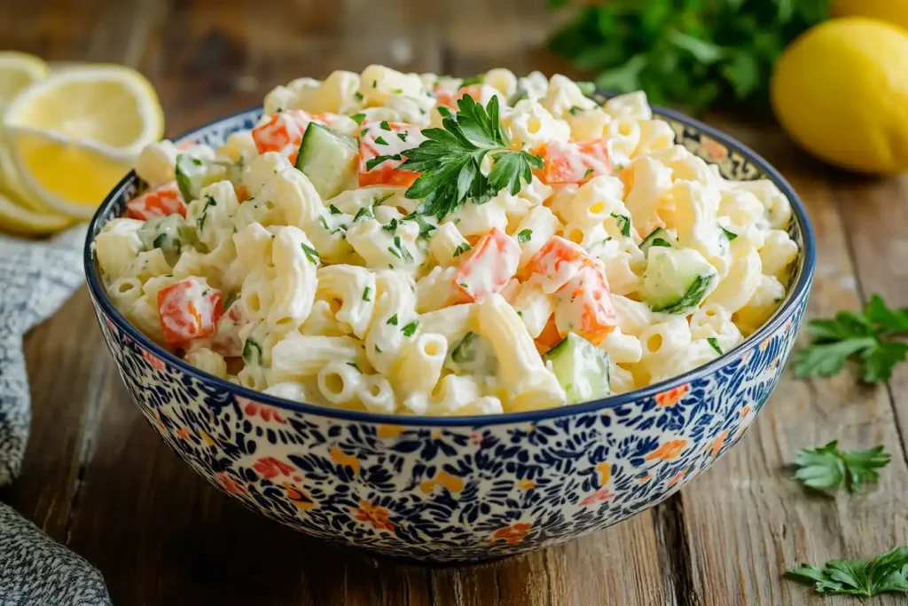 Creamy pasta salad in a bowl with fresh veggies and herbs.