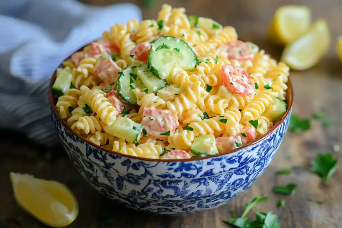 Creamy pasta salad with rotini, cucumbers, and carrots.