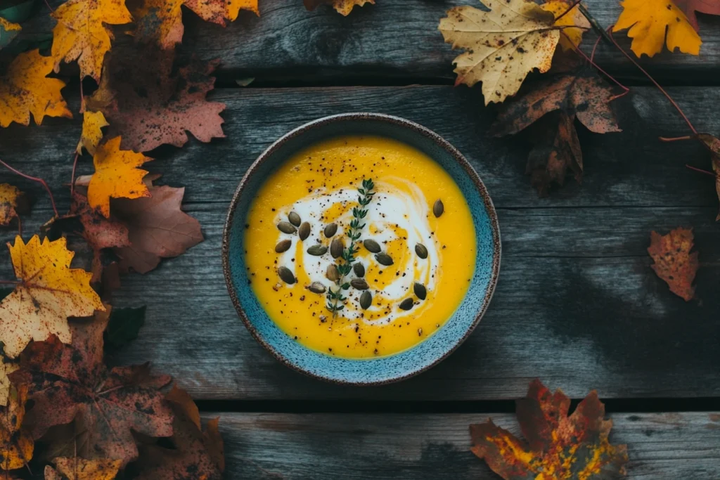 Bowl of creamy pumpkin soup with pumpkin seeds and cream garnish