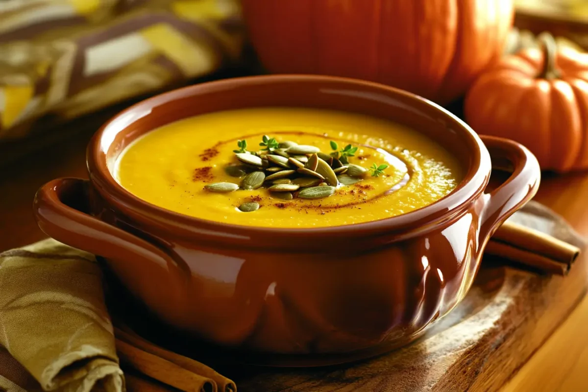 Steaming bowl of creamy pumpkin soup garnished with pumpkin seeds.