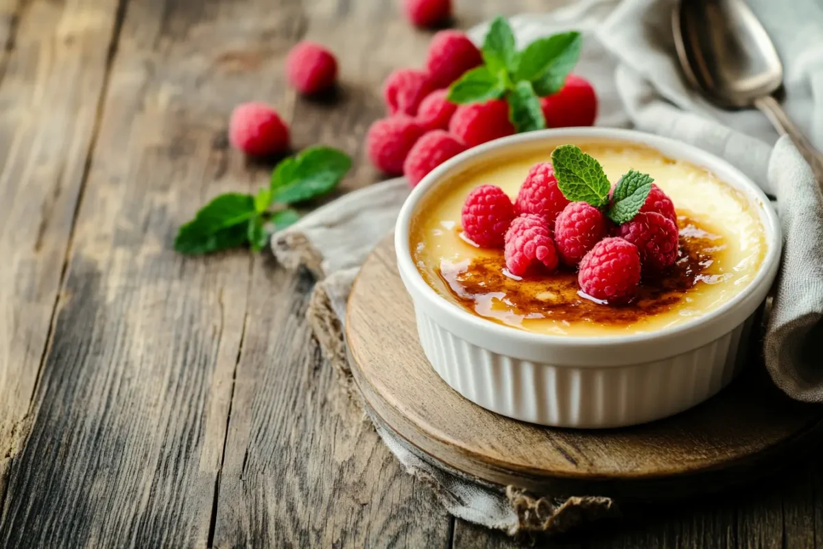 Crème brûlée with caramelized sugar crust and garnishes