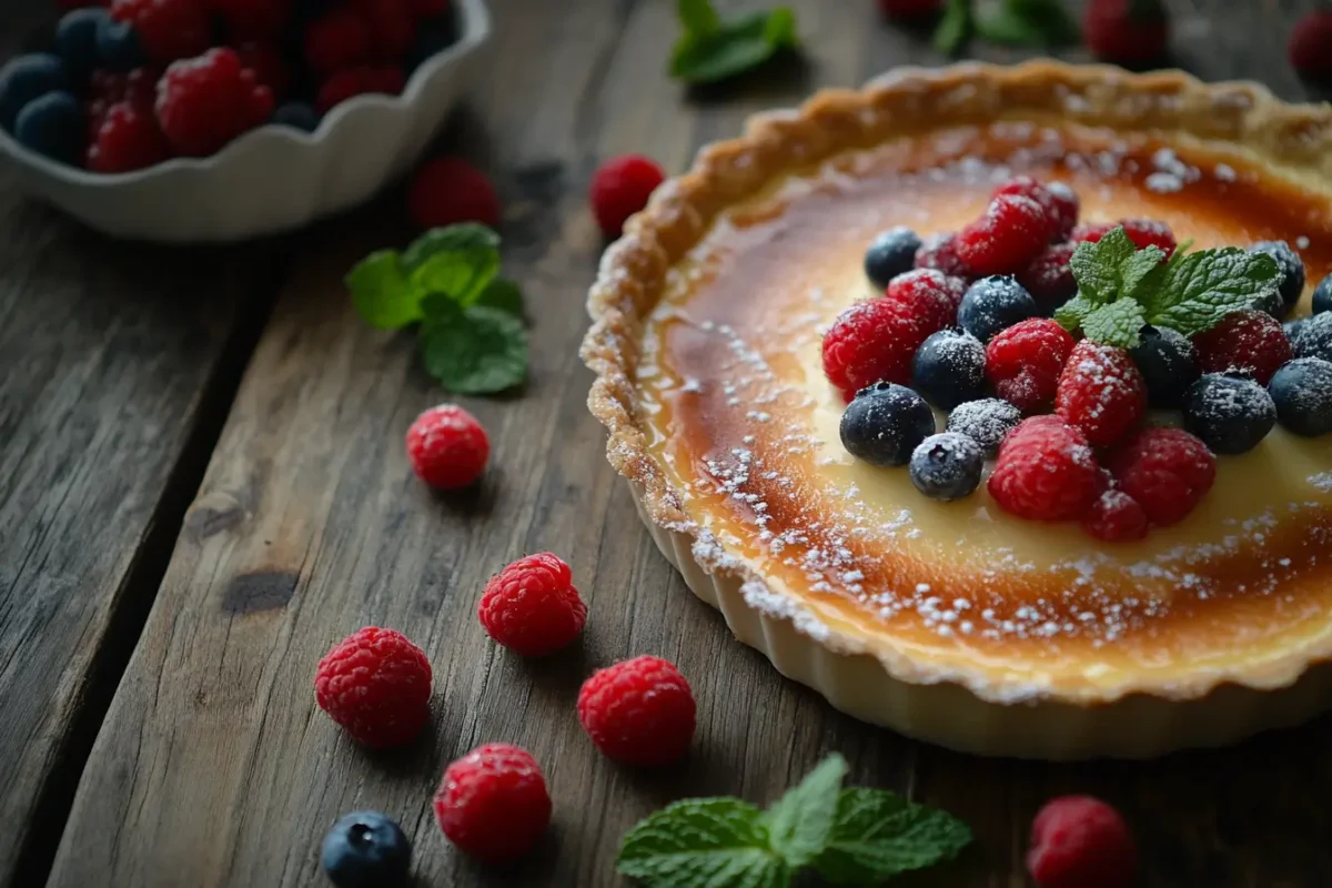 Crème brûlée with a golden-brown sugar crust, topped with fresh raspberries, blueberries, and mint leaves, on a rustic wooden table.