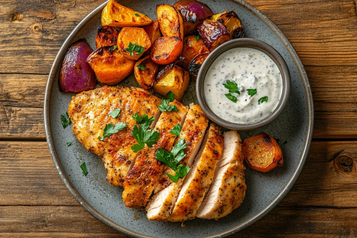 Golden-brown baked chicken cutlets with roasted vegetables.