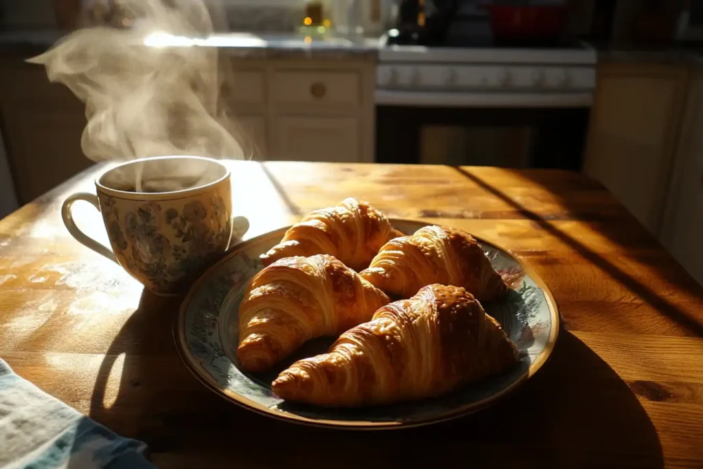 Golden Costco croissants with a steaming cup of coffee.