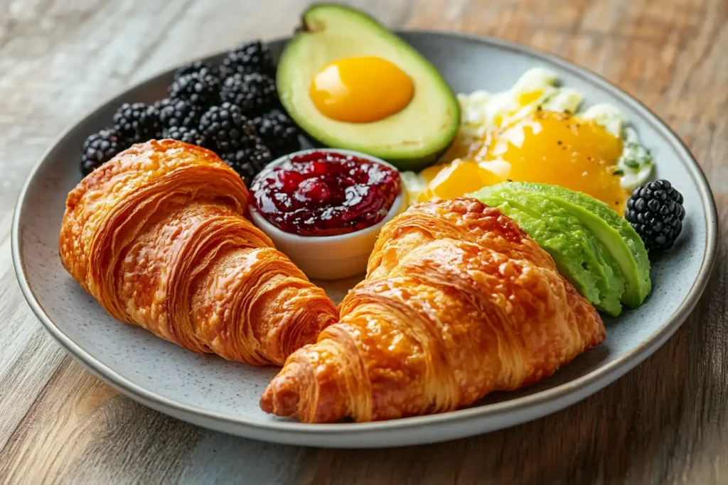 Croissants with avocado, jam, blackberries, and egg.