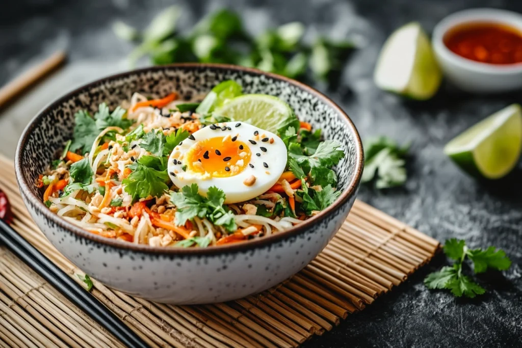 A bowl of crybaby noodles garnished with lime and cilantro.