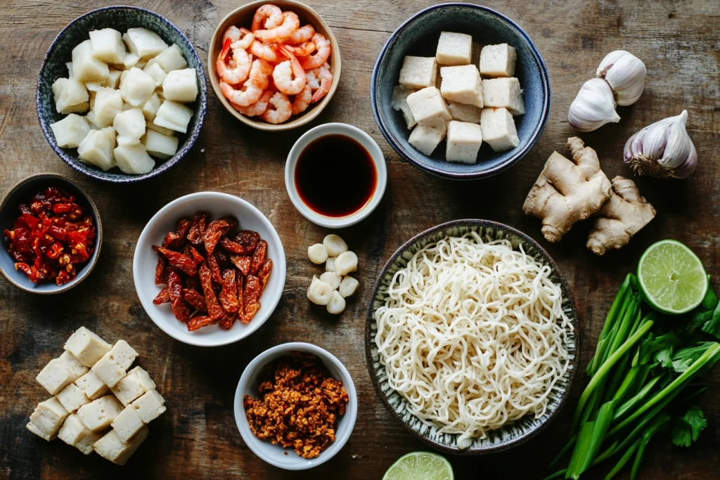 Ingredients for crybaby noodles arranged on a wooden table.