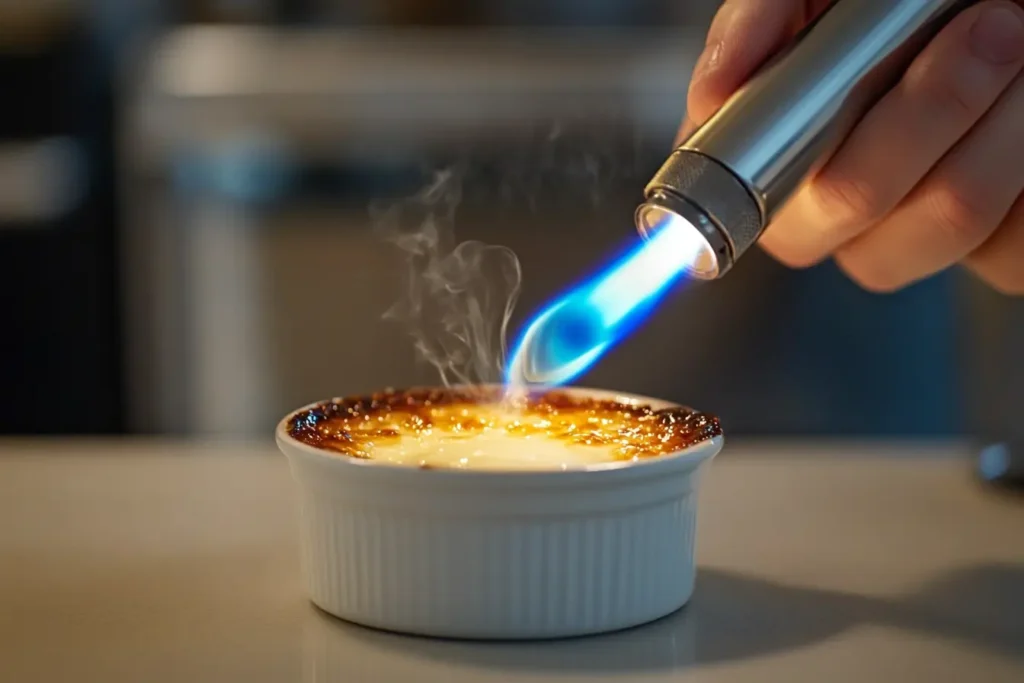 Caramelizing sugar on crème brûlée with a torch