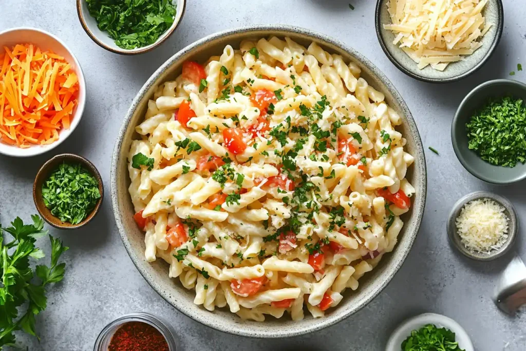 Pasta salad in a serving dish with herbs, cheese, and dressing on the side.