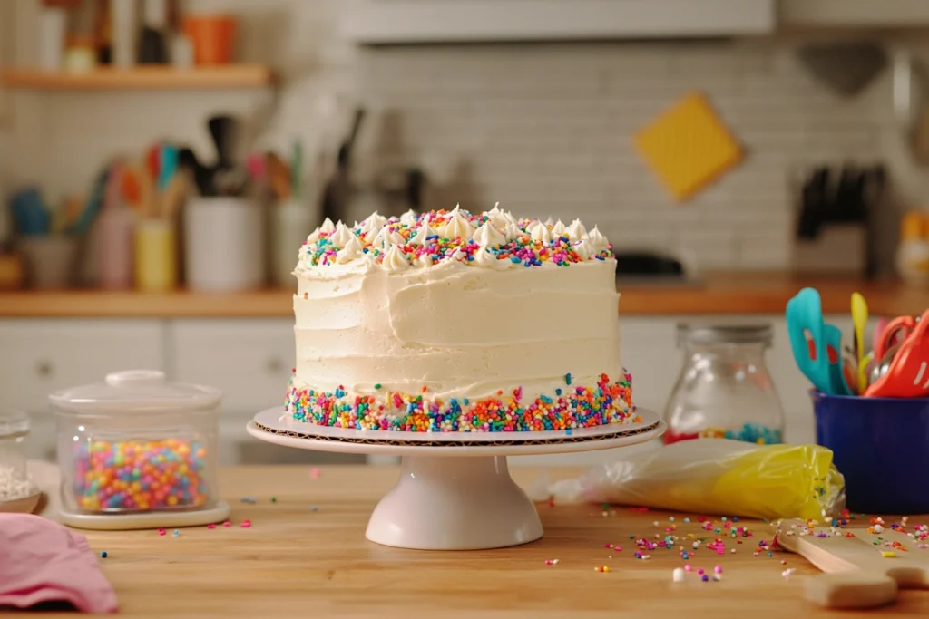 8-inch cake being decorated with buttercream frosting and sprinkles