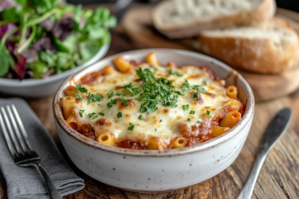 A bowl of beefaroni topped with melted cheese and parsley