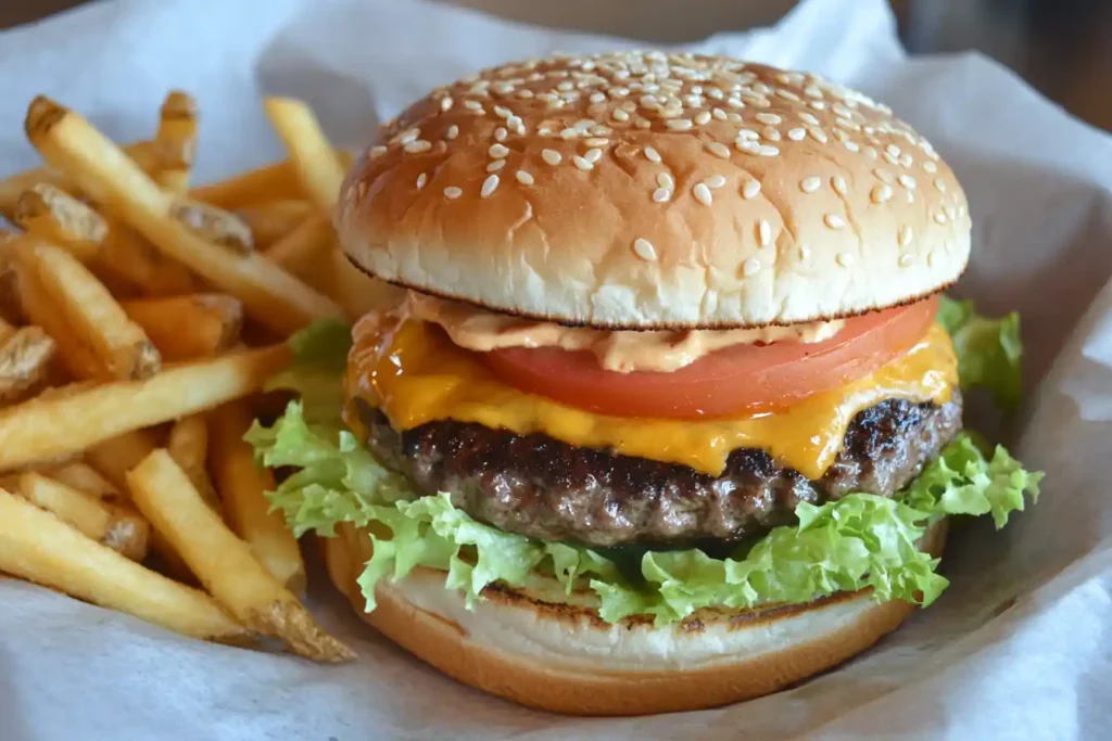 Fully assembled burger with cheese and toppings.