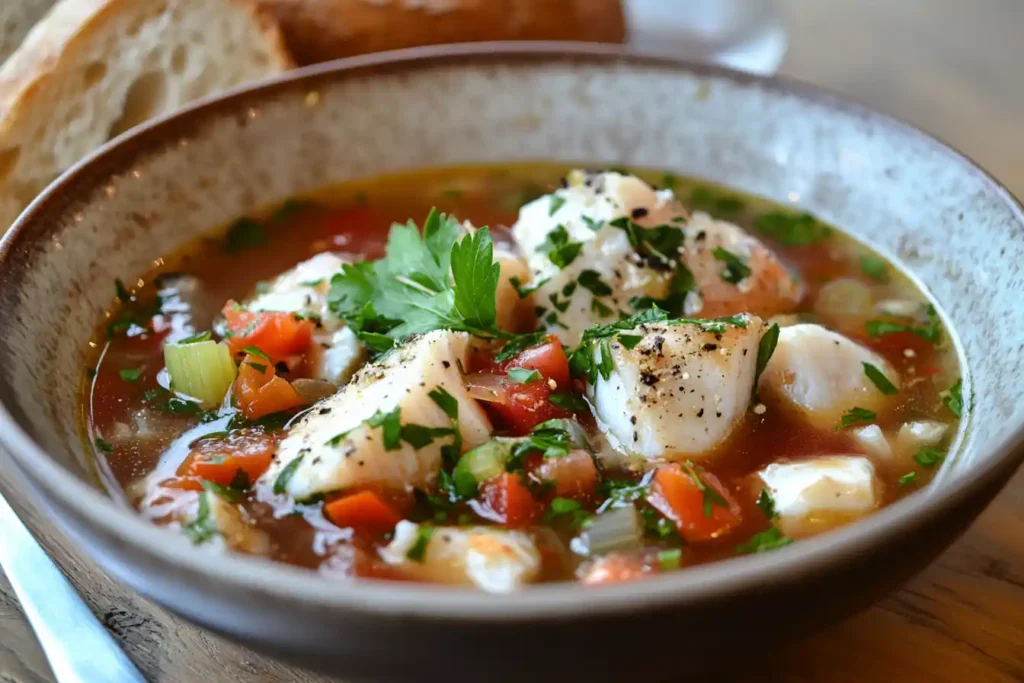 Bowl of fish soup with white fish, vegetables, and bread.