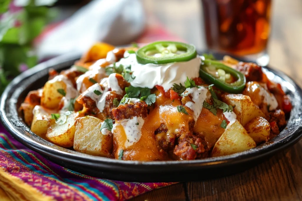 A plated dish of Papas Locas topped with cheese, chorizo, sour cream, and jalapeños.