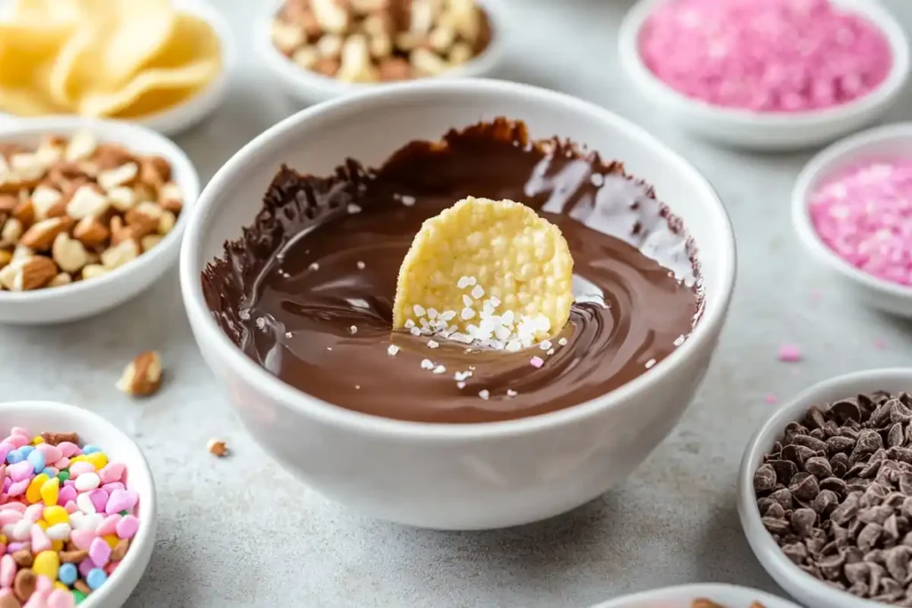 A potato chip being dipped into melted dark chocolate, surrounded by toppings."