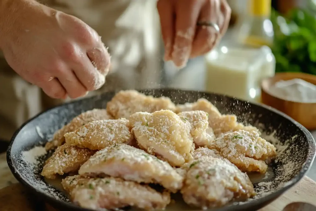 Chicken being dipped in buttermilk and dredged in seasoned flour.