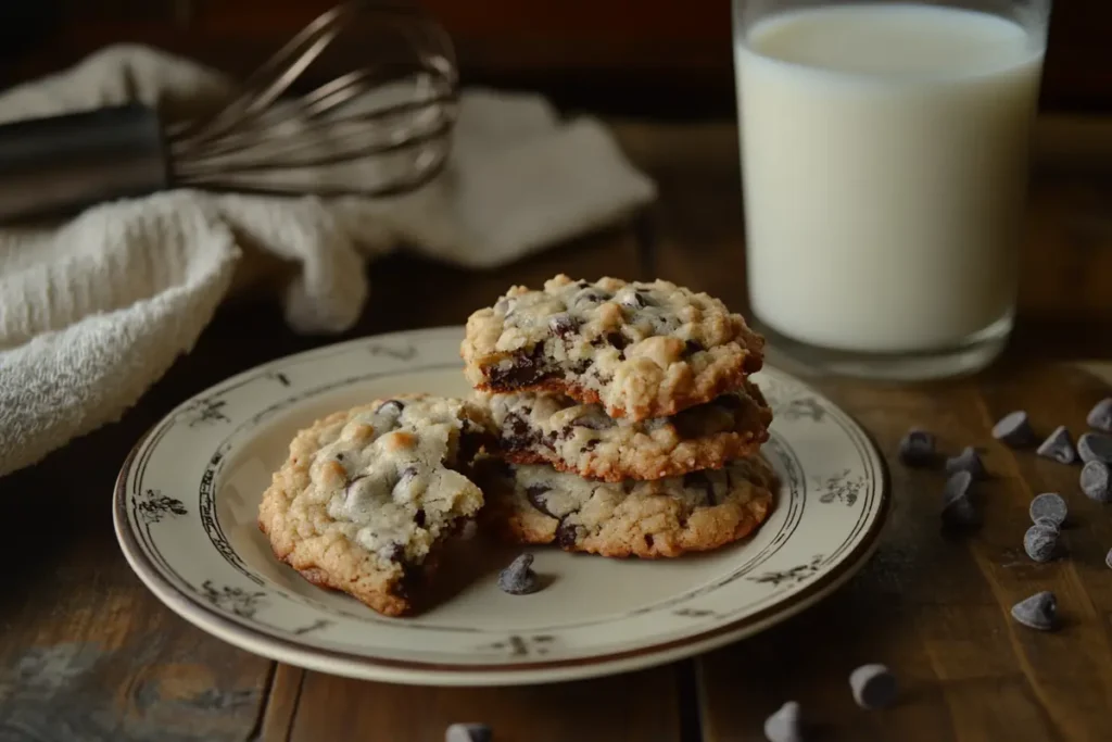 Stacked chocolate chip cookies with a bite taken out and a glass of milk.