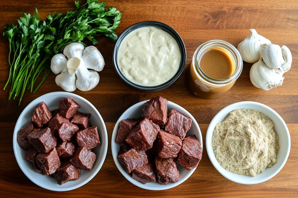 Ingredients for no peek beef tips on a wooden countertop.