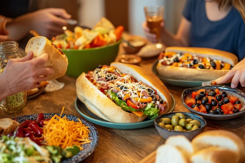 A family enjoying homemade pizza subs at a cozy dinner table.