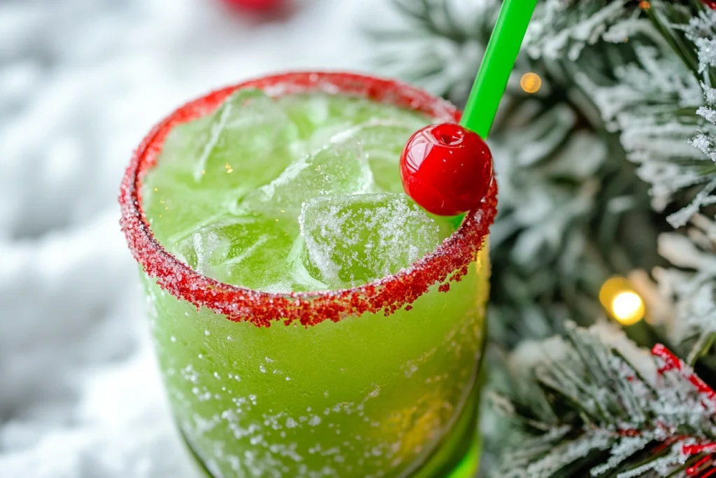 A glass of Grinch Punch rimmed with red sugar.