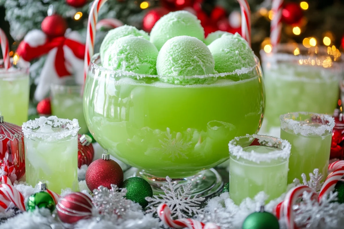 A festive bowl of green Grinch Punch with lime sherbet scoops surrounded by holiday decorations.