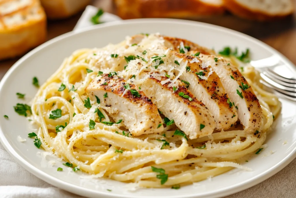 Plated Garlic Parmesan Chicken Pasta garnished with parsley.