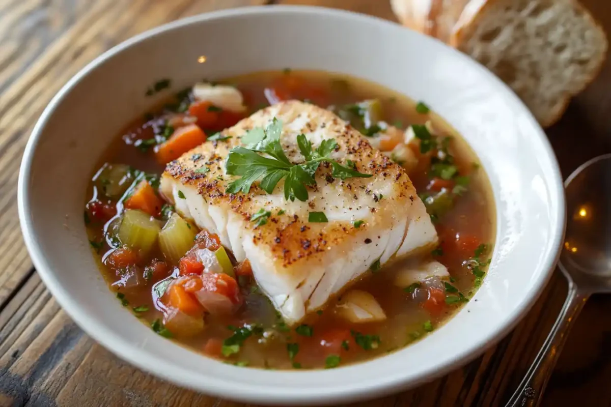 Fish soup with seared white fish and vegetables.