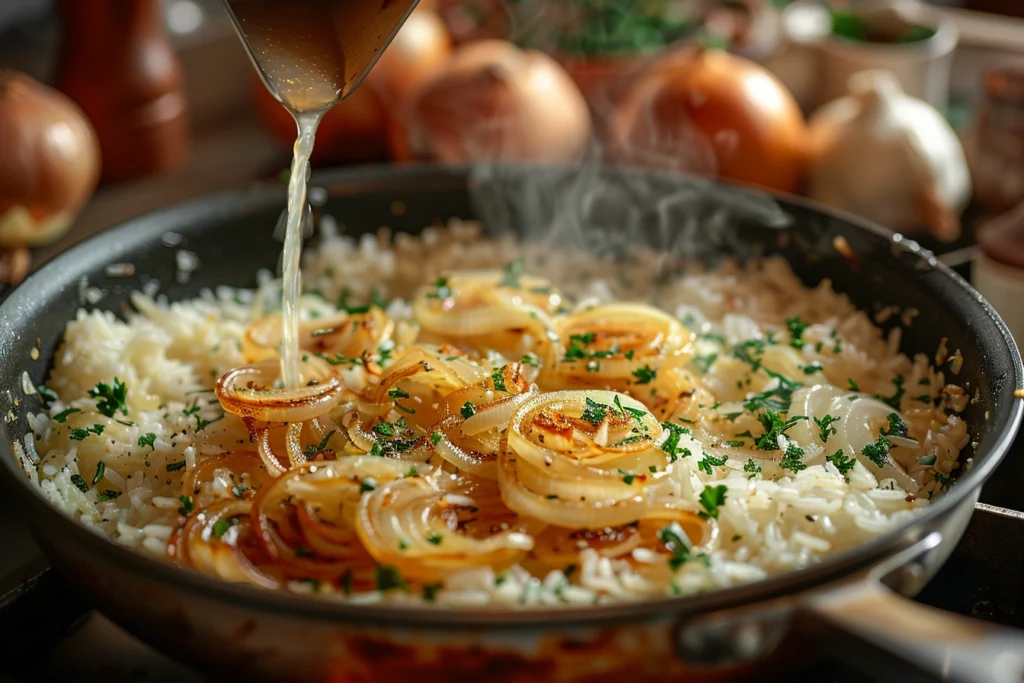 Step-by-step cooking of French onion soup rice, showing caramelized onions, broth, and rice in a pot