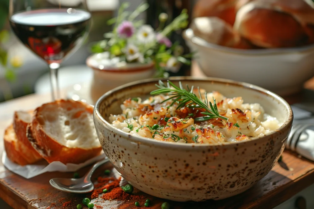 A dining table with French onion soup rice, bread, and wine in a cozy setting