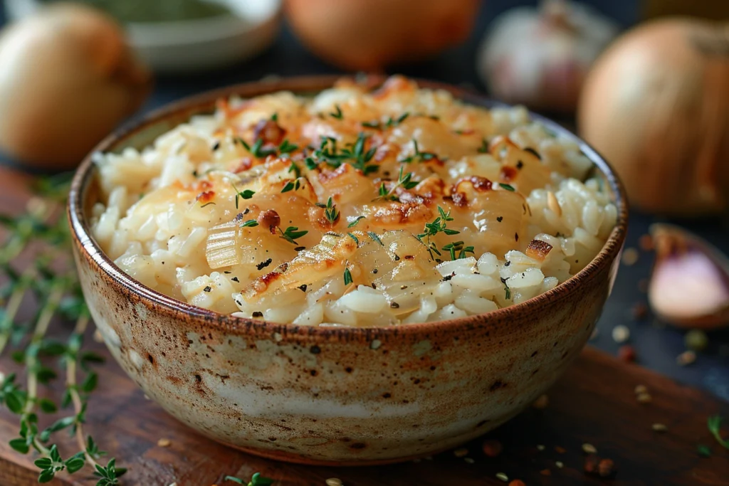 A bowl of French onion soup rice topped with melted Gruyère cheese and fresh thyme