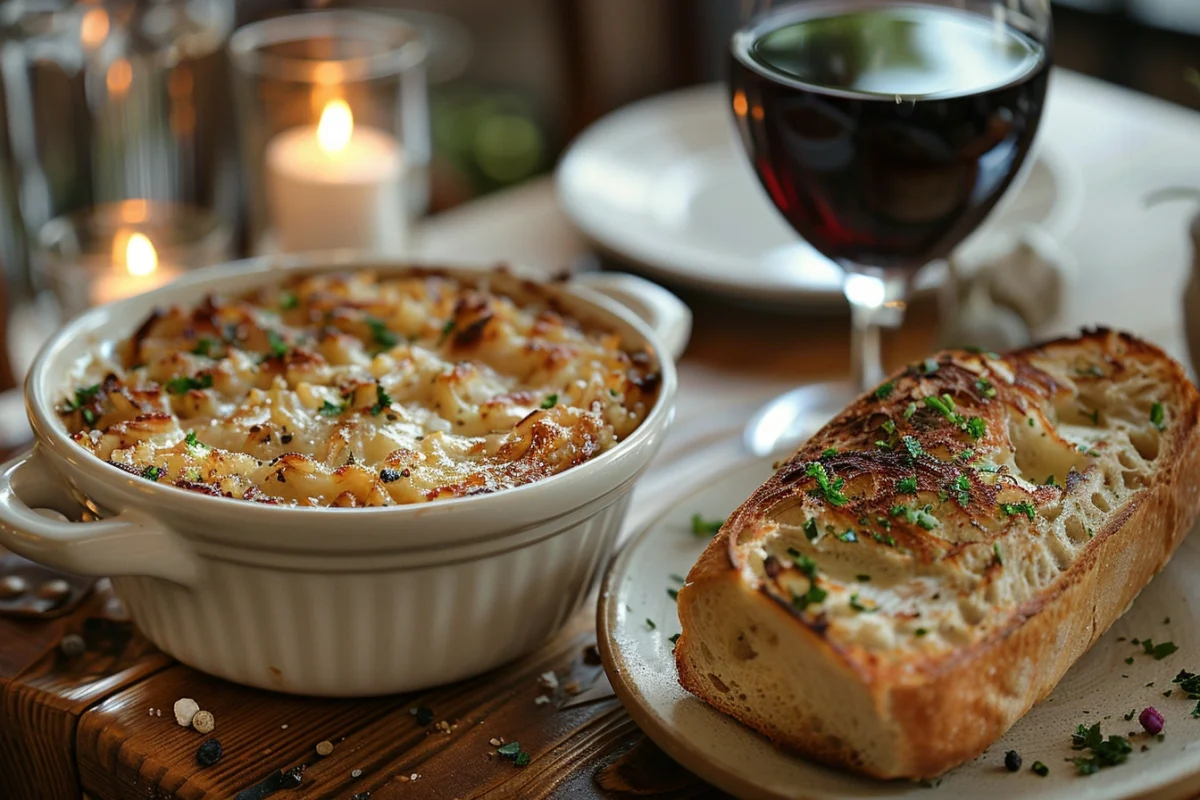 A serving of French onion soup rice in a white casserole dish paired with crusty bread, garnished with parsley.