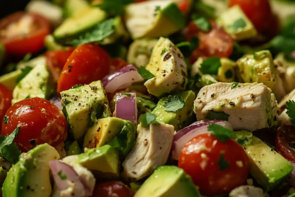 Close-up of avocado chicken salad.