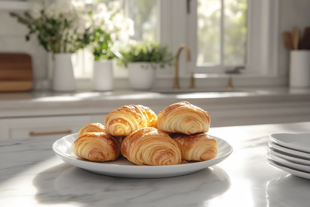 Freshly baked Costco croissants stacked on a white plate