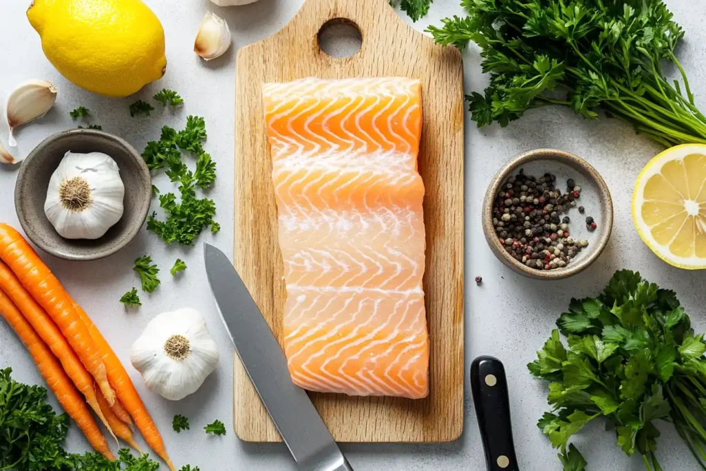 Fresh fish fillets and vegetables on a cutting board.