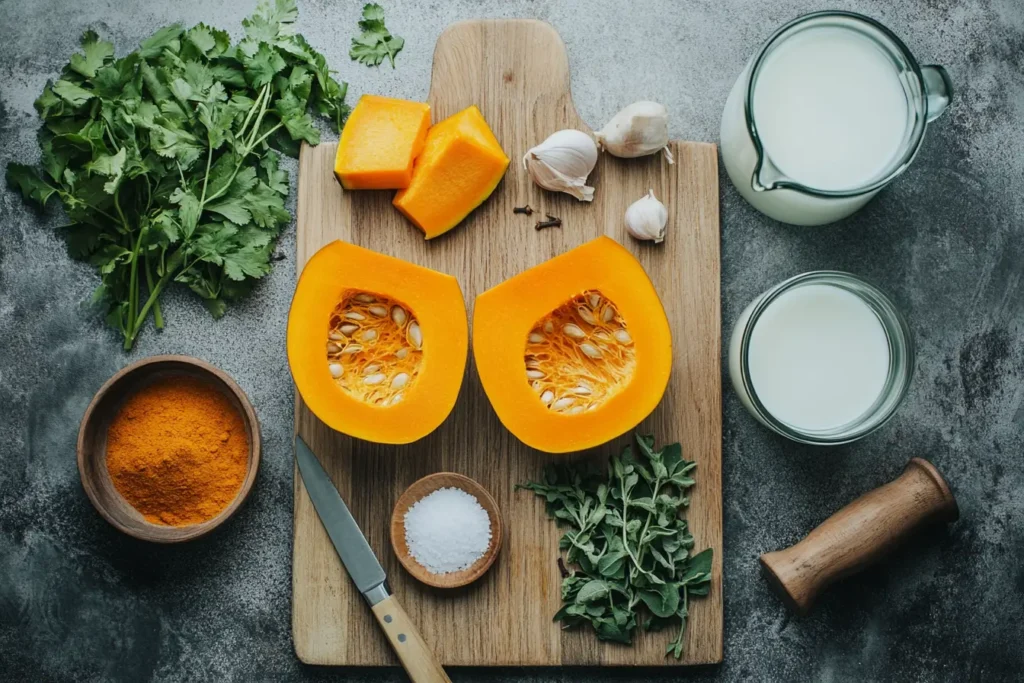 Fresh ingredients for making pumpkin soup.