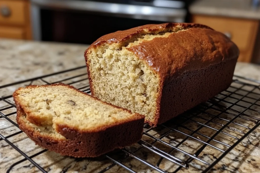 Freshly baked loaf of 4 ingredient banana bread with a slice showing moist texture.