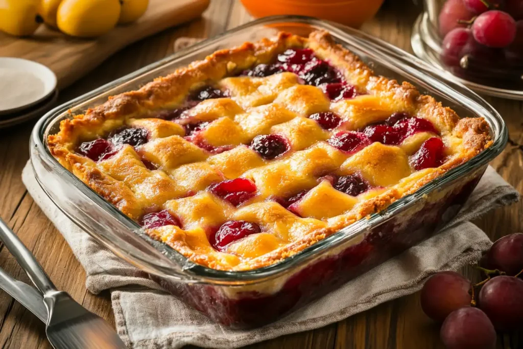 Freshly baked dump cake with a golden crust and vibrant fruit filling.