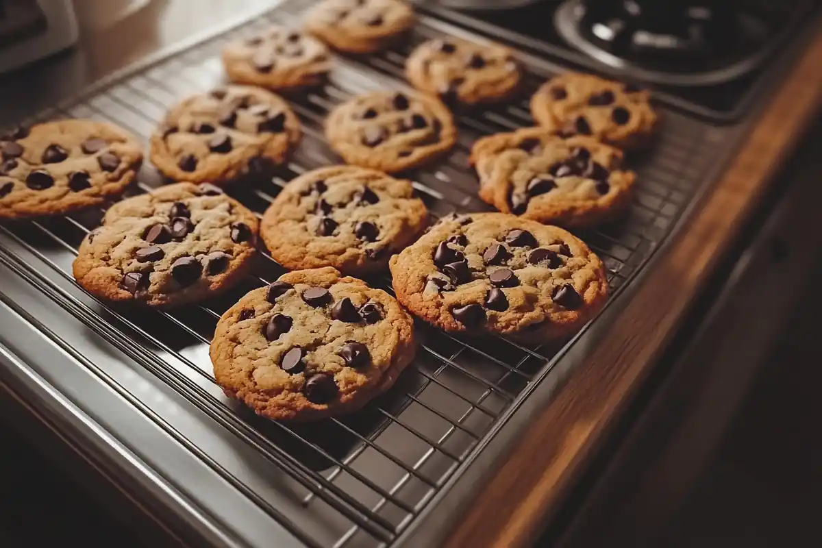 Freshly baked chocolate chip cookies cooling on a wire rack in a cozy kitchen setting.