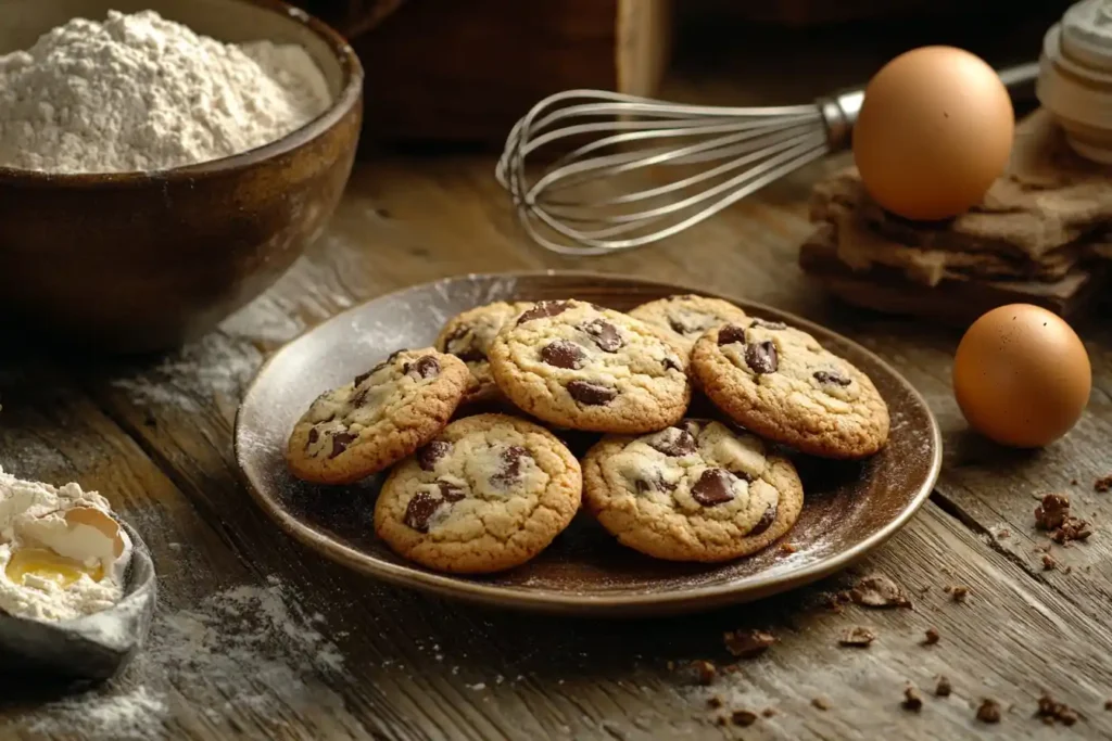 Freshly baked cookies in a cozy kitchen with baking tools.