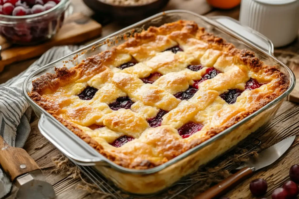 Freshly baked dump cake with golden crust and bubbling fruit.