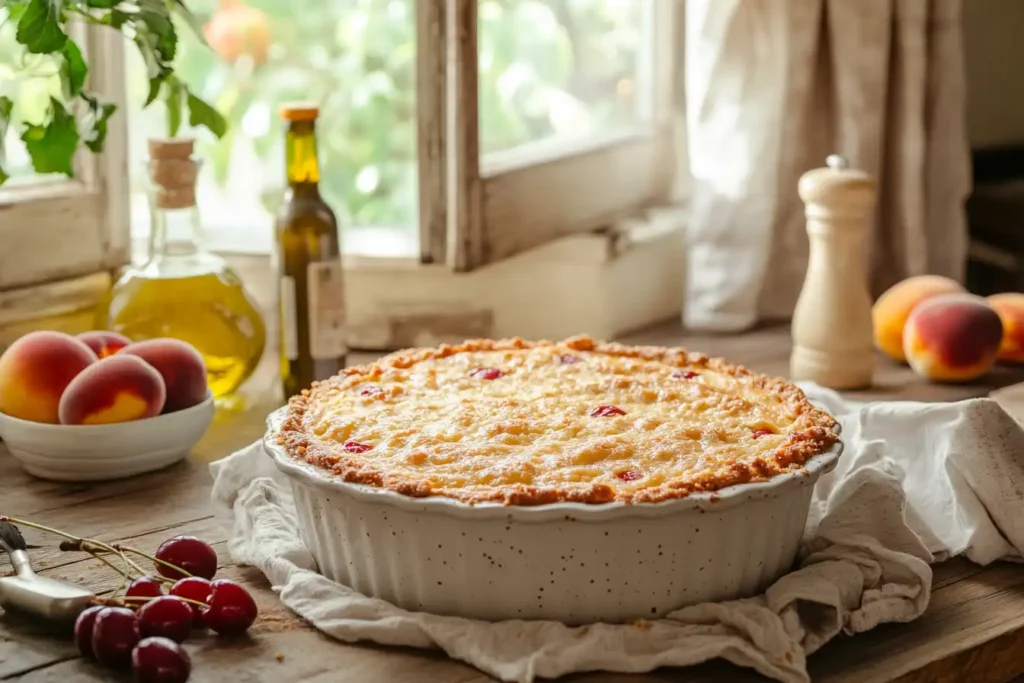 Freshly baked dump cake with a golden crust and baking ingredients.