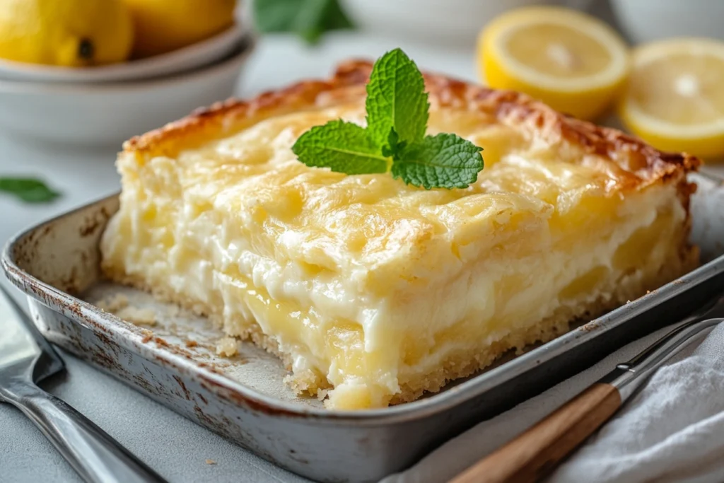 Lemon cream cheese dump cake topped with a golden crust and a sprig of mint, served in a rustic baking dish