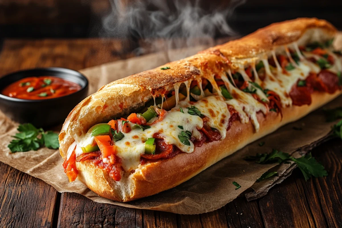 Freshly baked pizza sub with melted mozzarella, marinara sauce, and pepperoni.