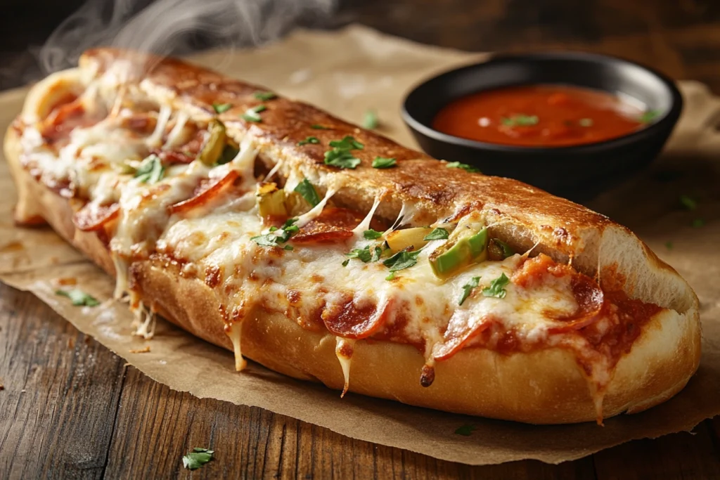 Freshly baked pizza sub with melted mozzarella, marinara sauce, pepperoni, and vegetables served with a side of dipping sauce.