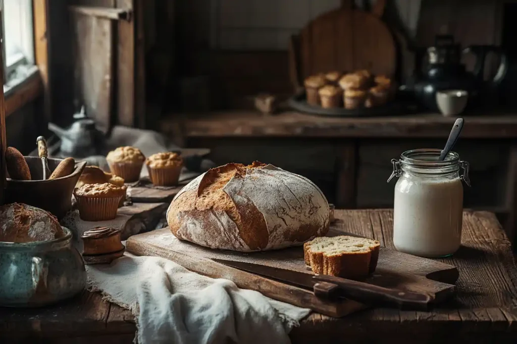 Rustic kitchen with sourdough bread and jar of kefir