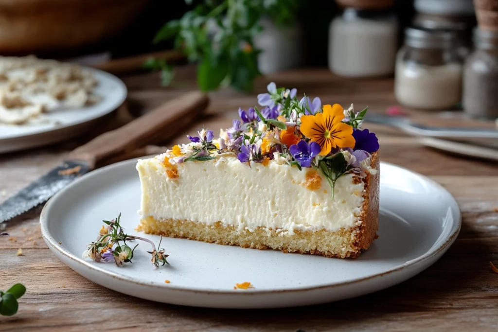 A slice of golden Fricassee Cake served on a white plate, garnished with herbs and edible flowers