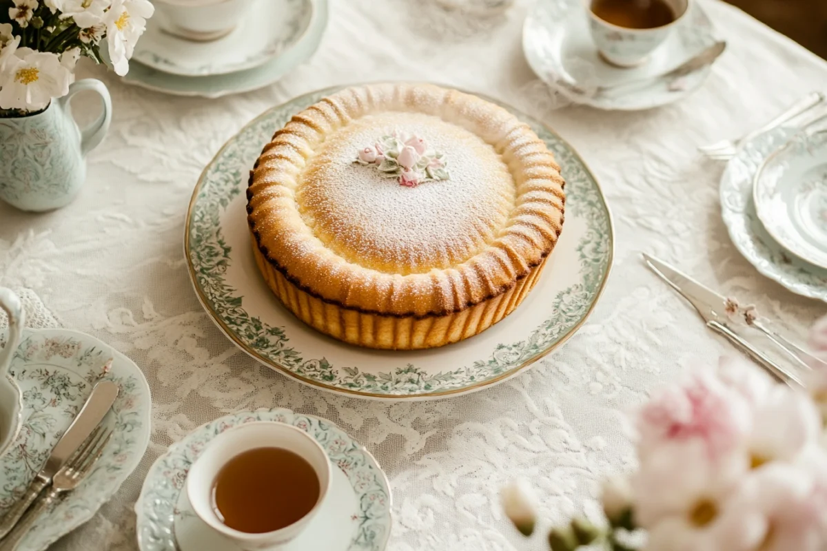 A whole Fricassee Cake styled on a vintage tablecloth with tea and silverware.