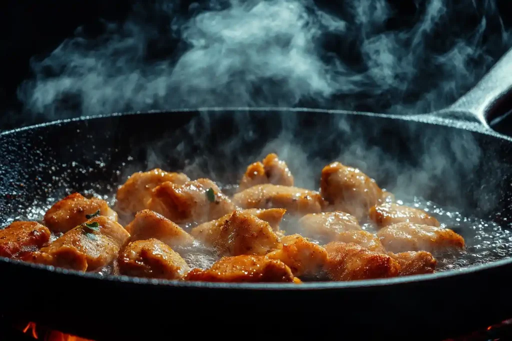 Fried chicken sizzling in a cast iron skillet with bubbling oil.